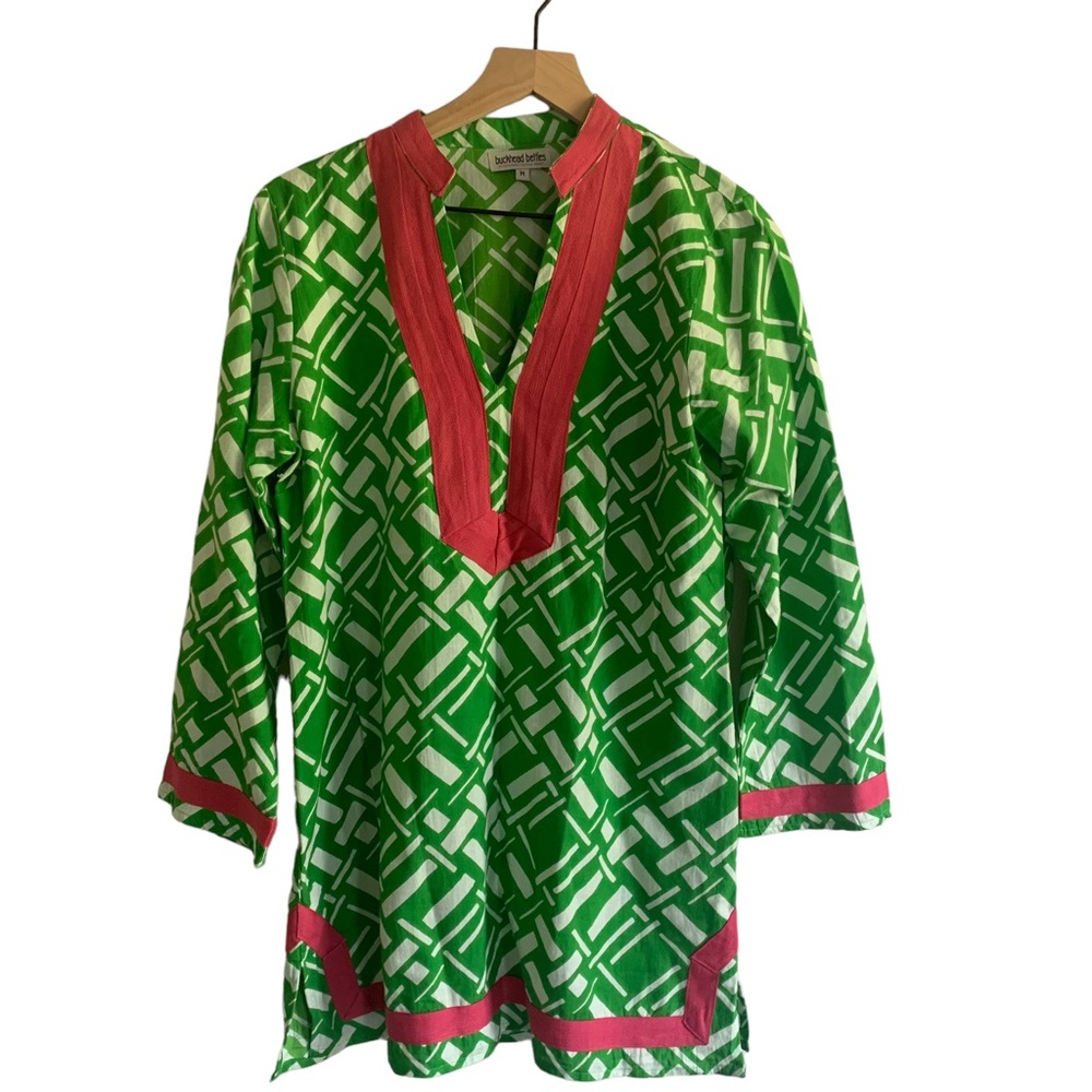 Buckhead Betties Green Pink Linen Tunic Long Sleeve Top‎ Coverup